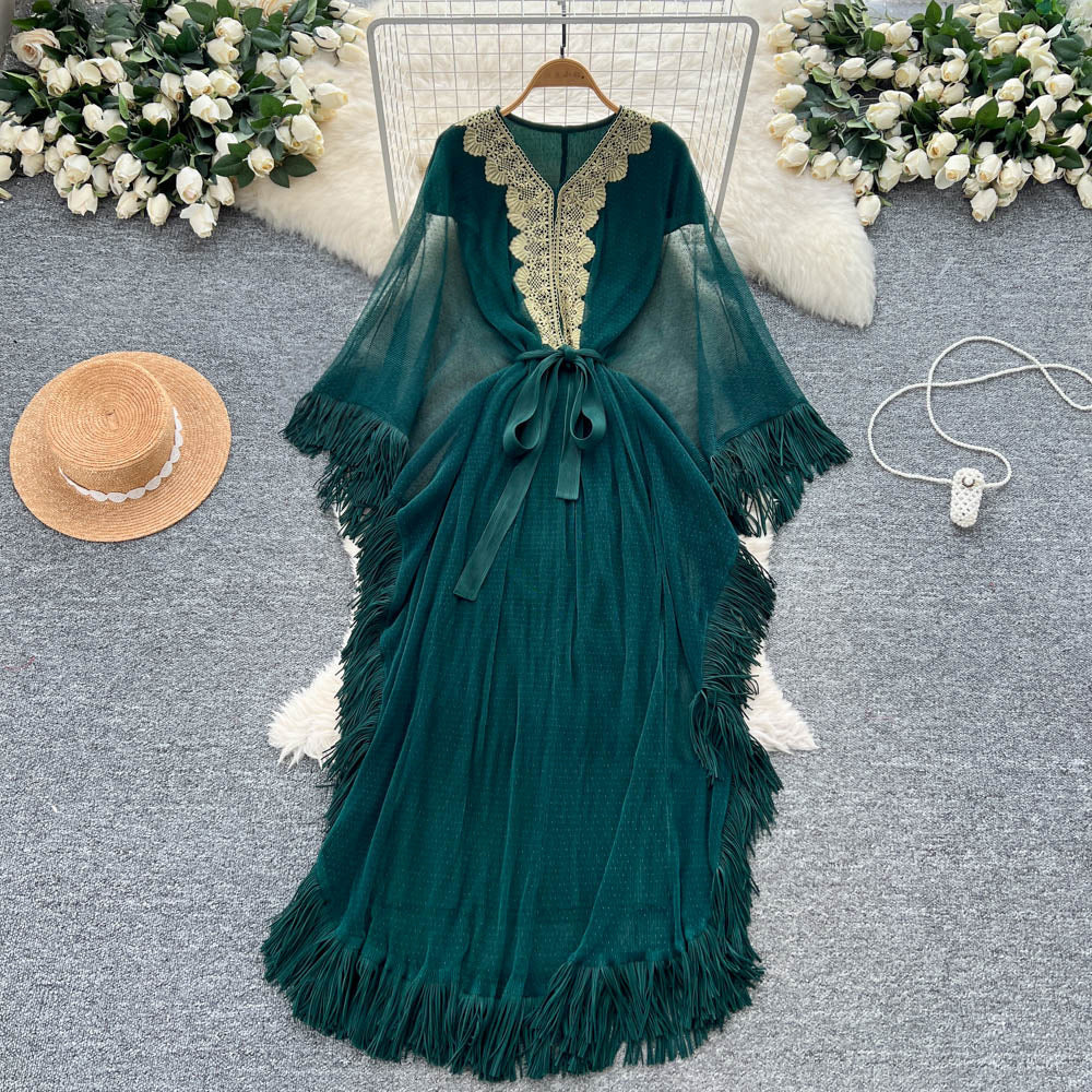 Fashionfashionableheavy industrylacepatchworkv neckbat sleeve strap waist dress women's vacation style tassel long skirt