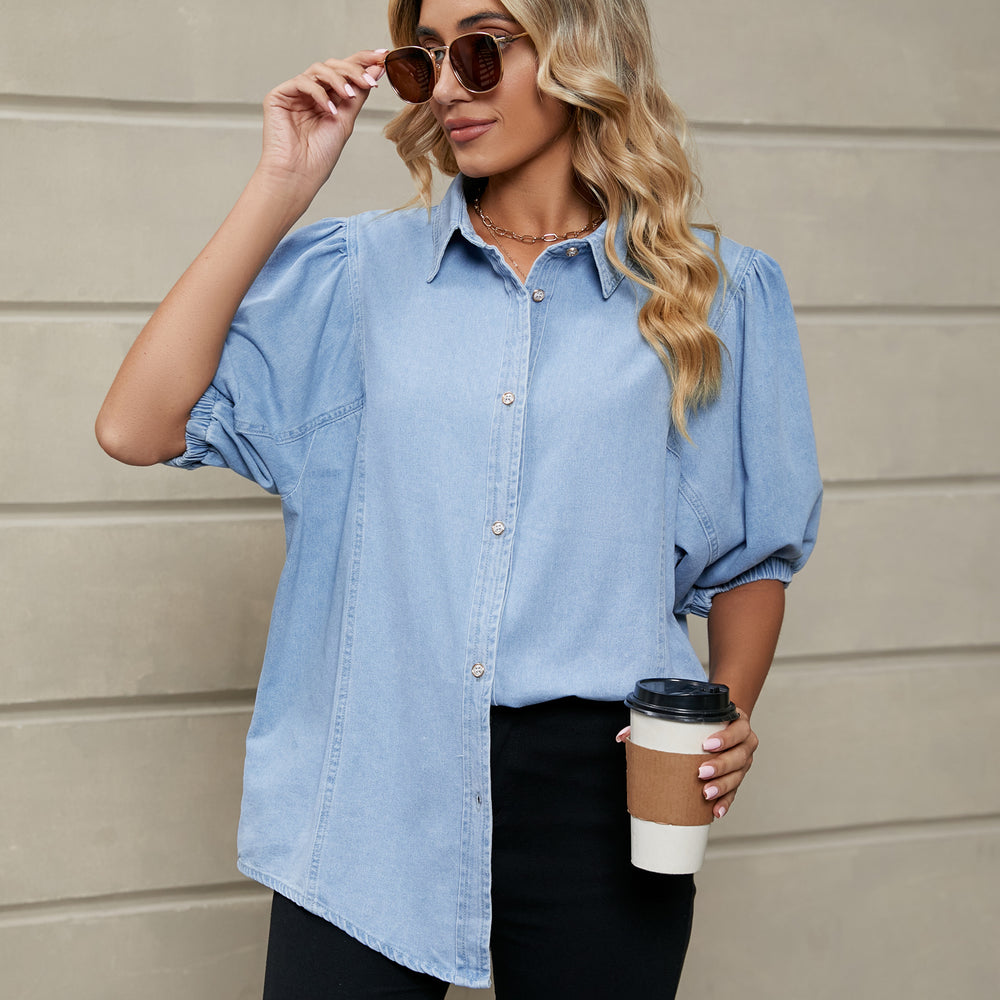 european and american women's apparel cross-border trade: new elasticated princess sleeve denim shirt casual top for  and