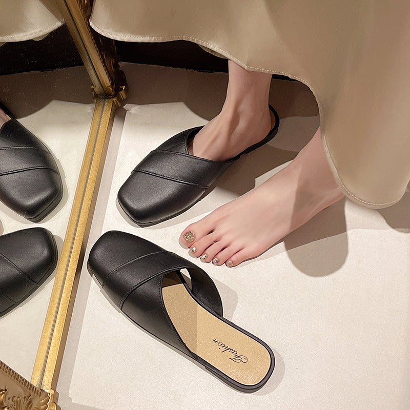 Lazy flatseasiest for match toe soft bottom slippers for women 2025new arrivalfashionfrenchoutwear square toe sandals for women