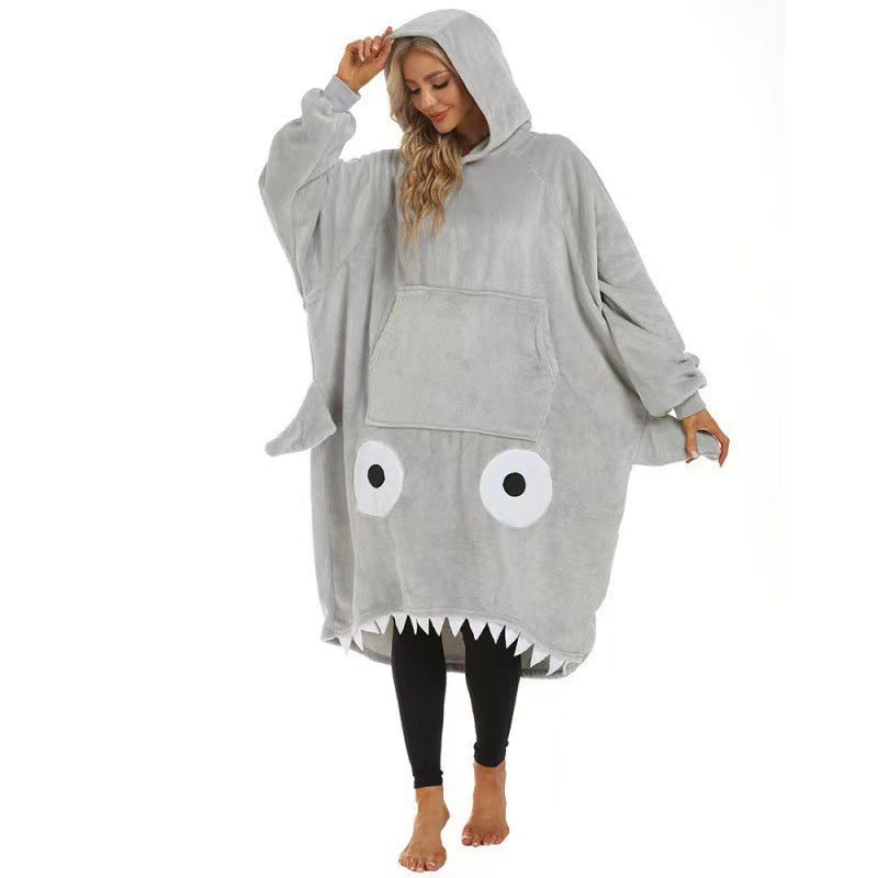 D77 winter flannel robe - big eye embroidered shark cartoon casual hooded sweatshirt cute blanket pajamas