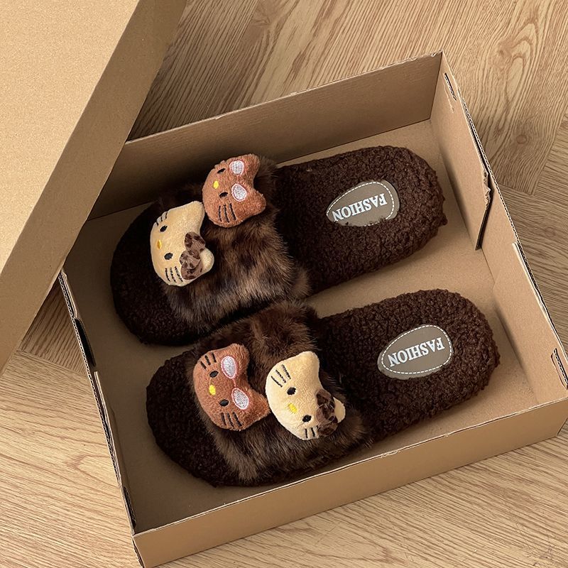 Cute leopard print kt fuzzy slippers - women's new autumn/winter 2025 indoor/outdoor non-slip cotton slippers - student dorm wholesale
