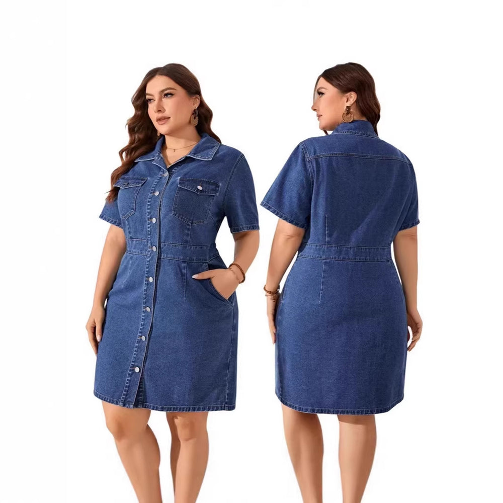 Fashion cross-border  plus size women's clothing  independent station lapel short-sleeved cardigan medium-length dress direct sales
