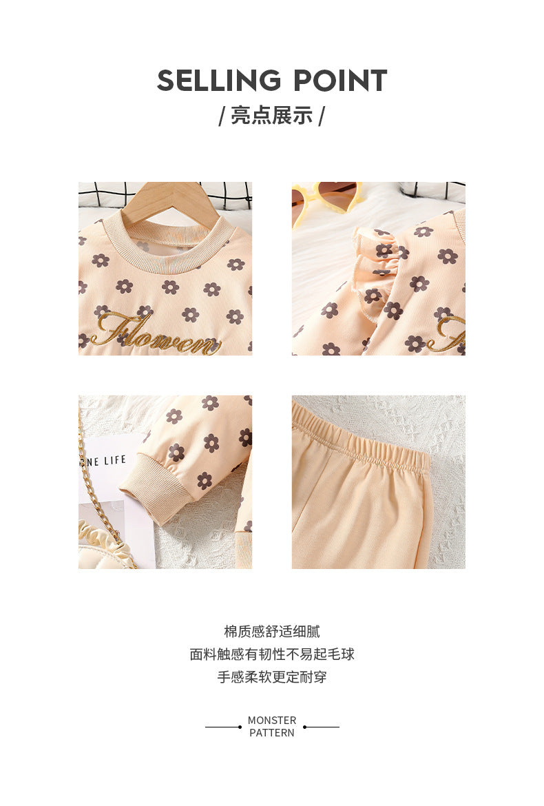 autumn girls' outfit: round neck long sleeve sweatshirt with floral print and lace flutter sleeves, matching flared pants two-piece set