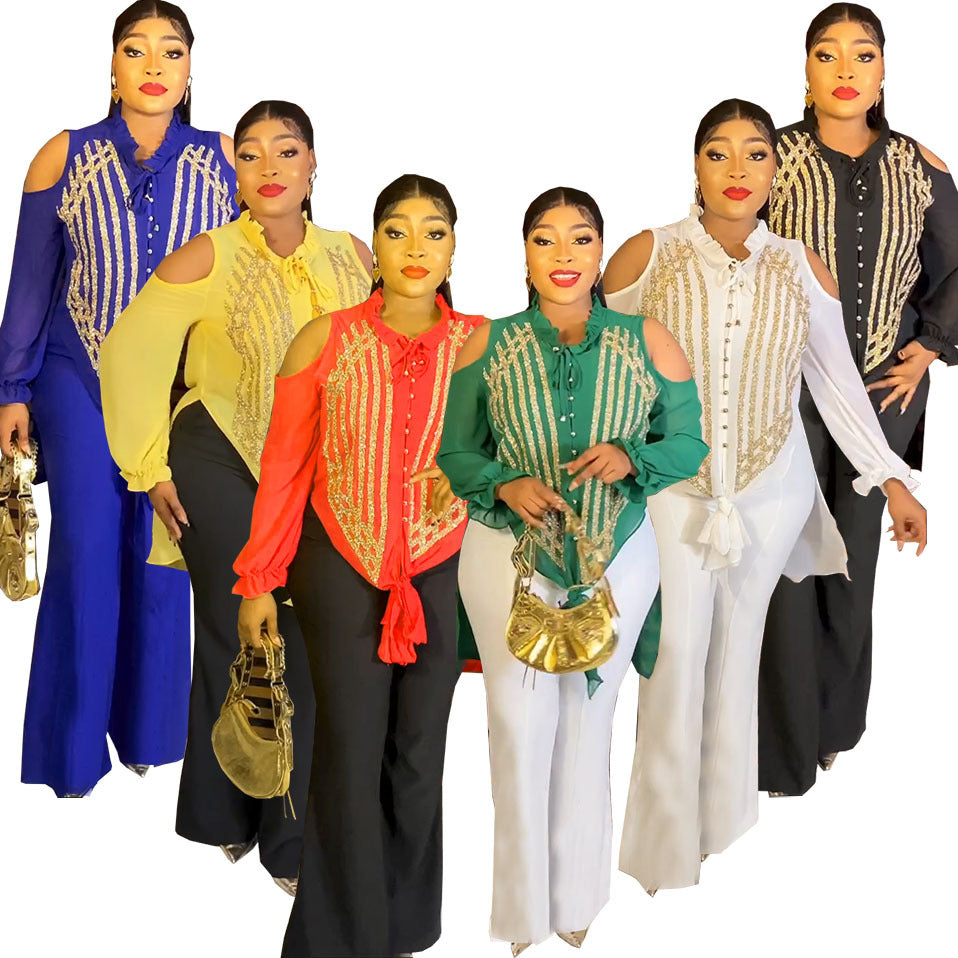 New african cross-border fashion: beaded blouse top and slim-fit pants set