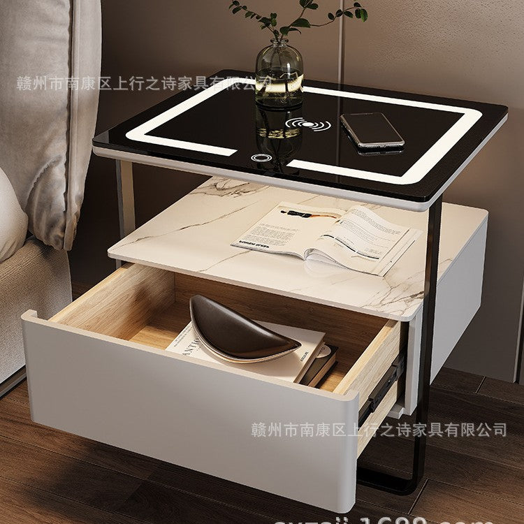 Smart white bedside table - minimalist bedroom nightstand with rock slab texture, tempered glass, solid wood, wireless charging, and storage