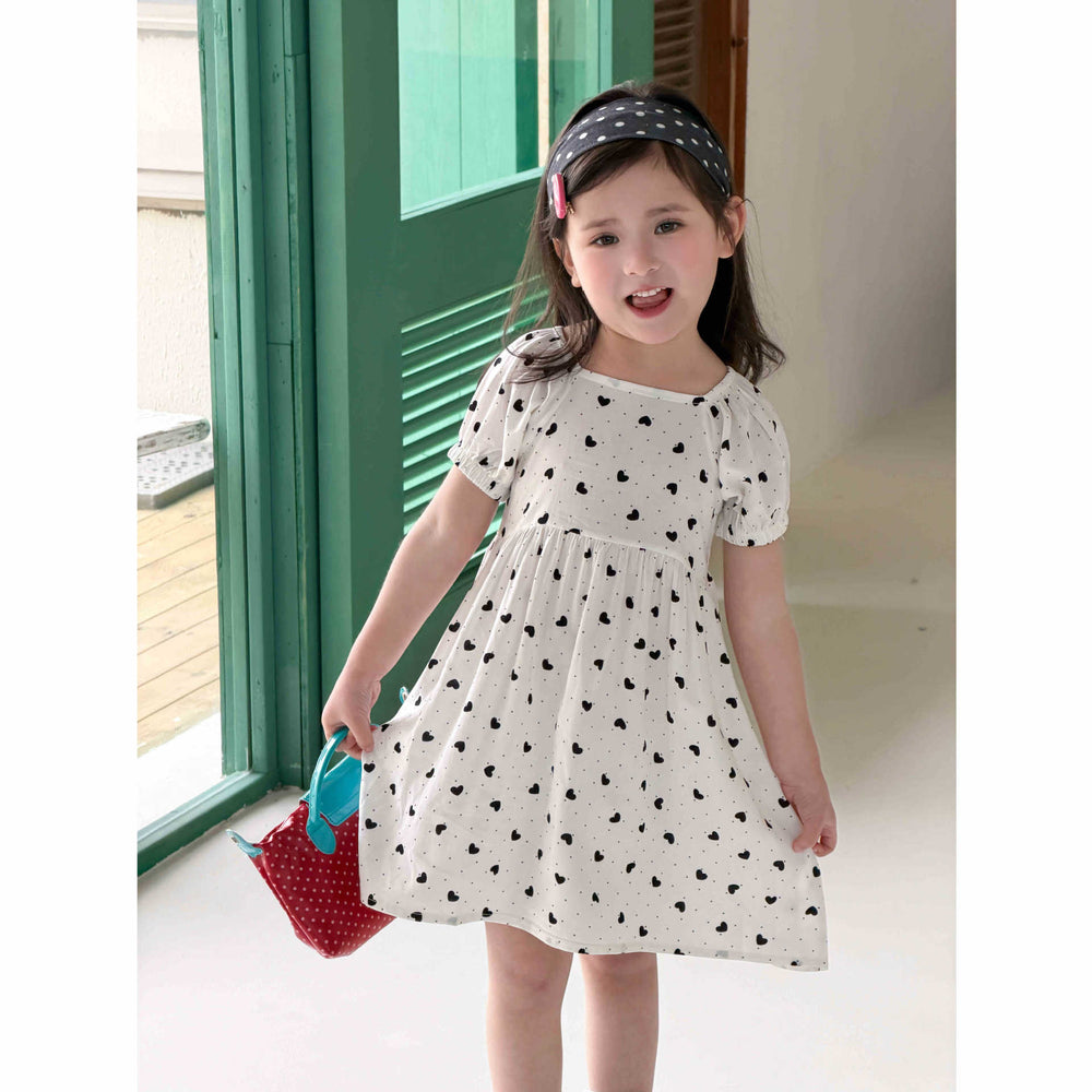 【matching family outfits】girls' cotton silk floral dress - princess style, stylish print, and puff sleeve skirt