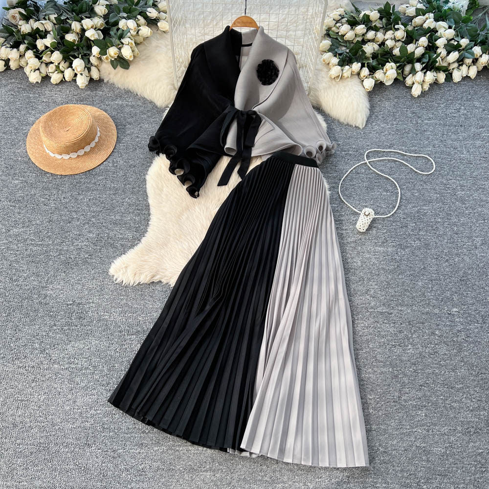 Elegant and chic commute style: sleeveless two-piece pleated skirt set with tie-waist detail - purple, autumn collection, designer piece