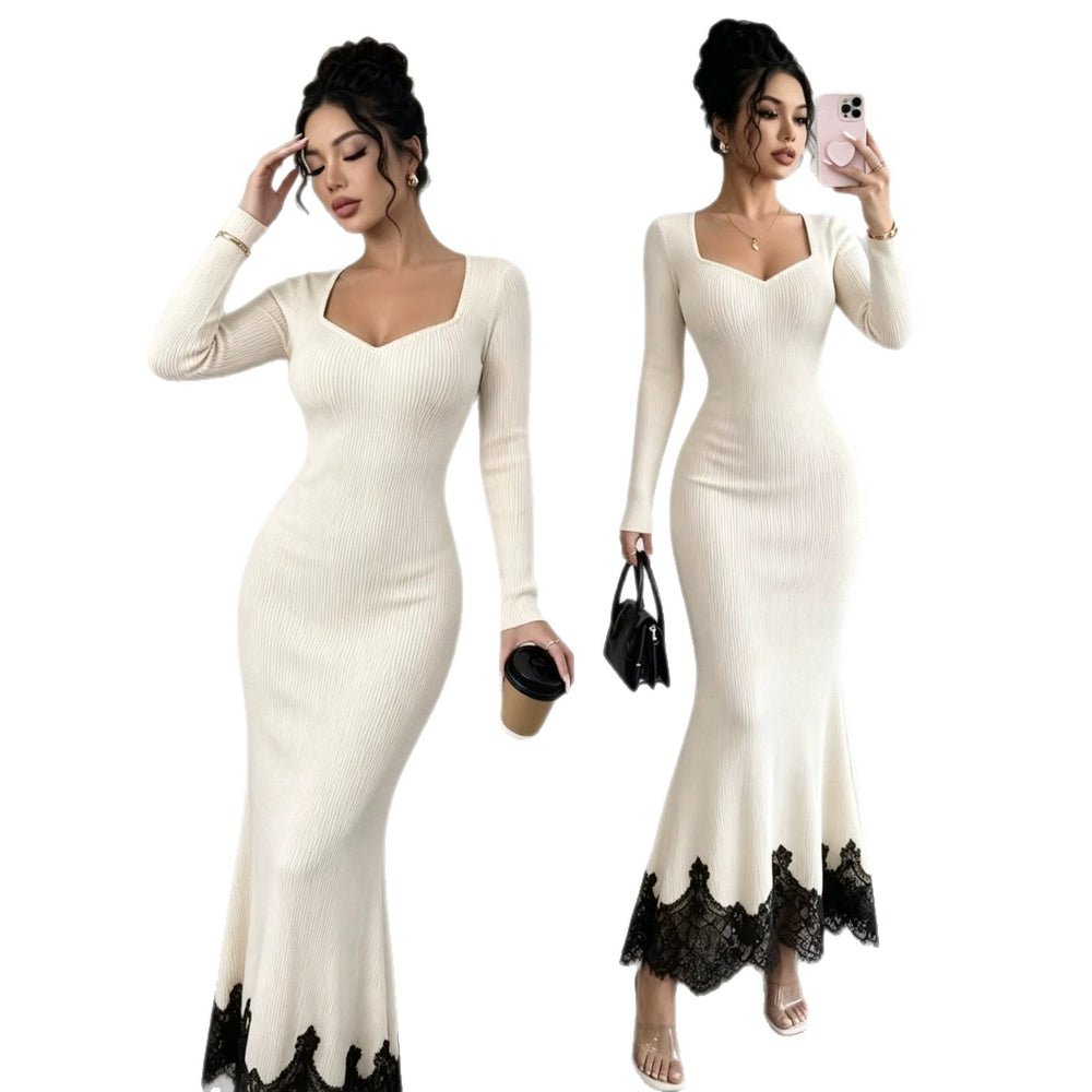 cross-border fashionexportfrenchelegancesexy square neck long sleeveslacepatchwork mermaid dress long skirt