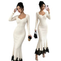 cross-border fashionexportfrenchelegancesexy square neck long sleeveslacepatchwork mermaid dress long skirt
