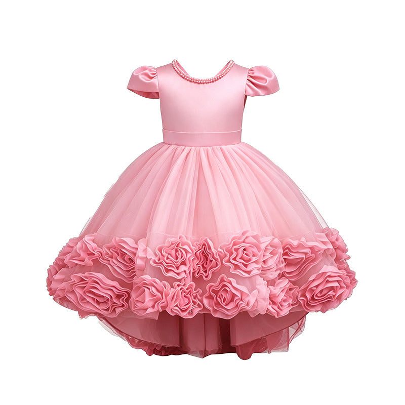 Girls' gowns with train, flower girl dresses, children's floral tutu dresses, princess dresses, baby girl's first birthday gowns