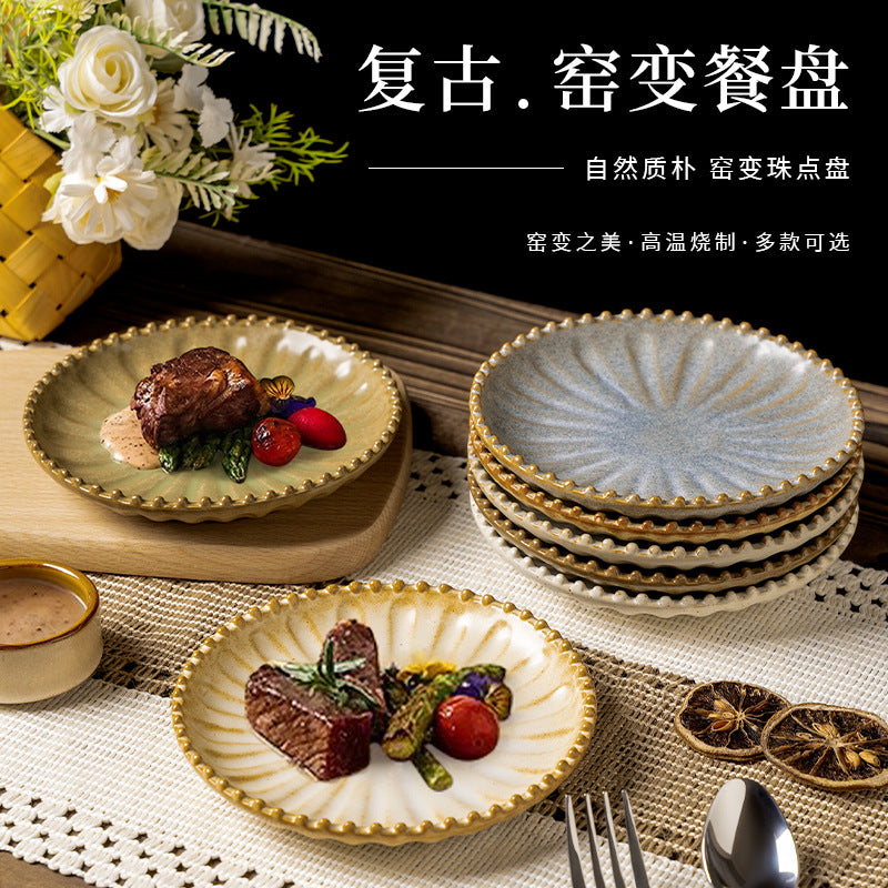 Retro kiln-turned ceramic western food steak plate with beads stylish dessert pastry plate ceramic snack plate afternoon tea plate
