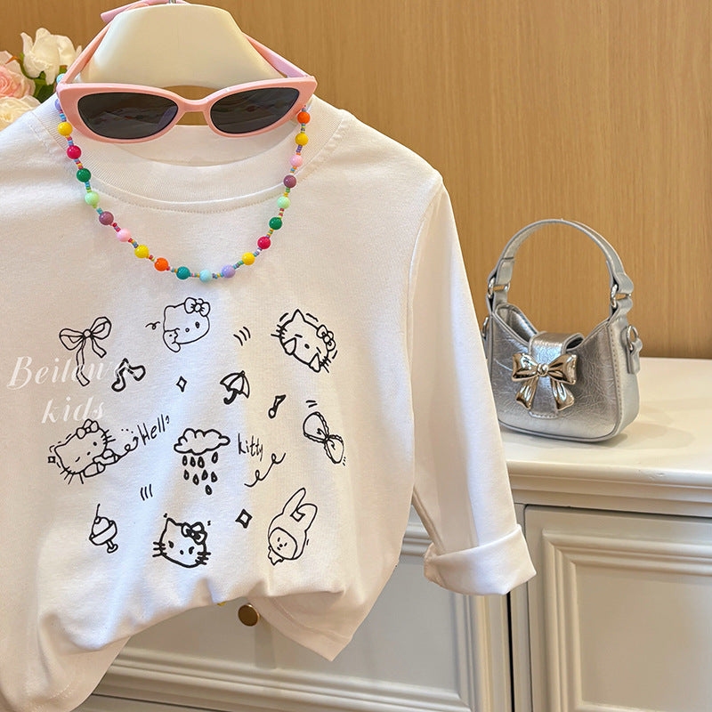 New arrivalkidsspring & fallcute lazy cartoon kitten long sleeves bottom sweatshirt baby girl casuallong sleeves t-shirt children's clothing