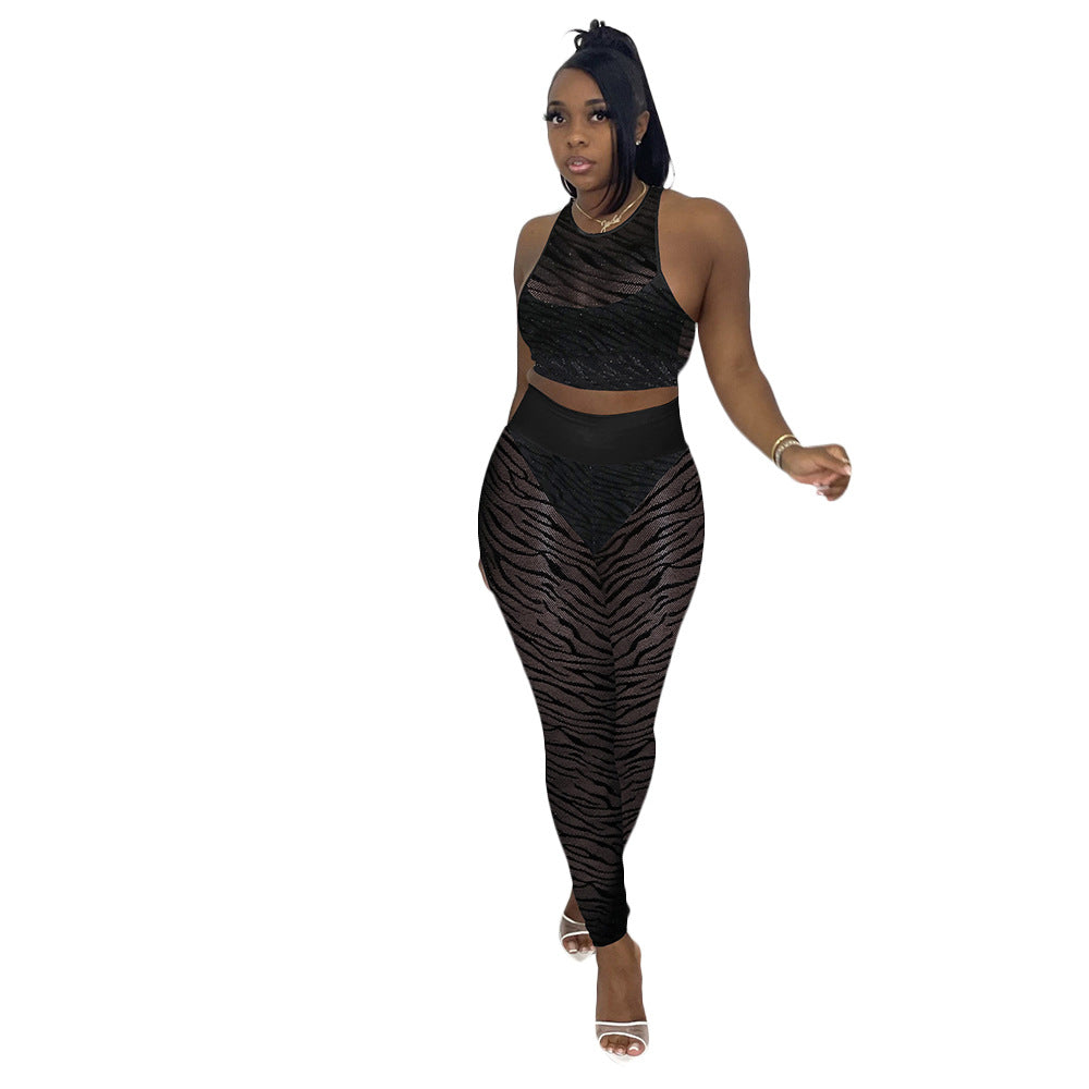 S390154 European and American wholesale women's clothing summer sexy hollow perspective sleeveless vest slim pencil pants two-piece set