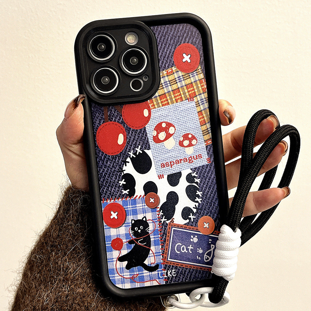 Gaozhu is suitable for apple 16promax cowboy cat splicing mobile phone case iphone11/15pro lanyard protective cover