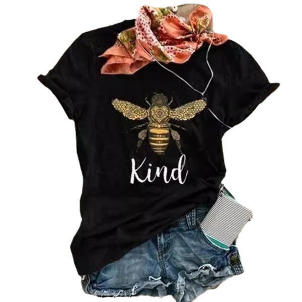 2025 cross-border kind big bee print women's t-shirt, loose fit european and american style top, women's t-shirt, hot-selling european and american cross-border style