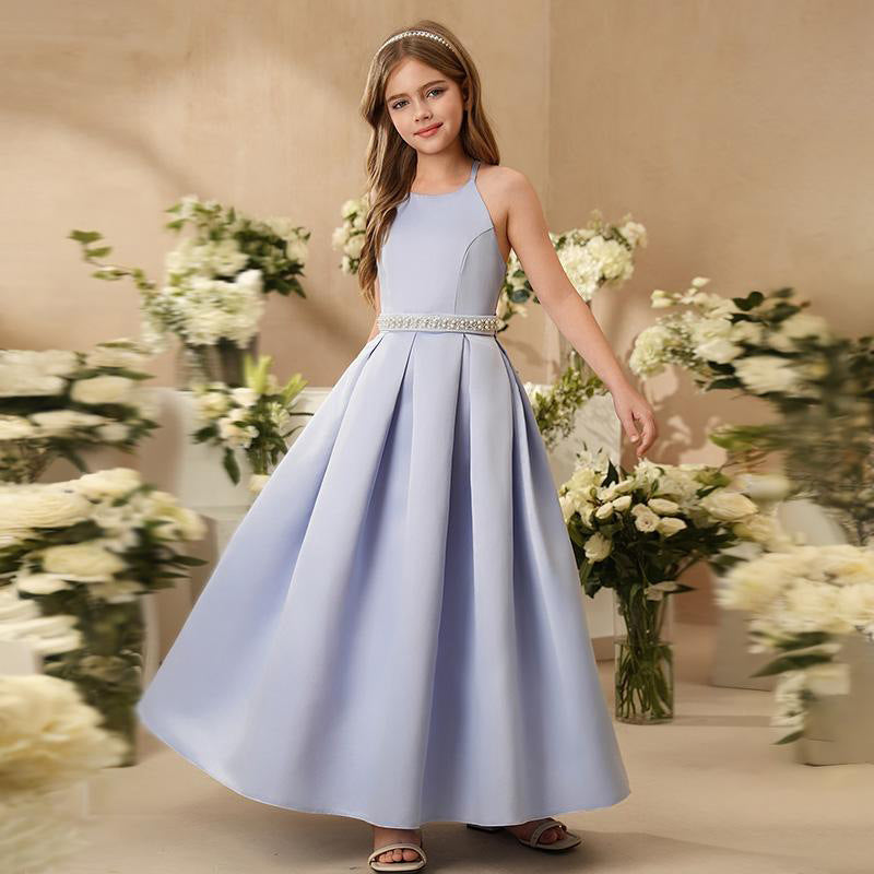 personalized girlelegance dresslonghot selling sleeveless skirtsatin waist girl clothing