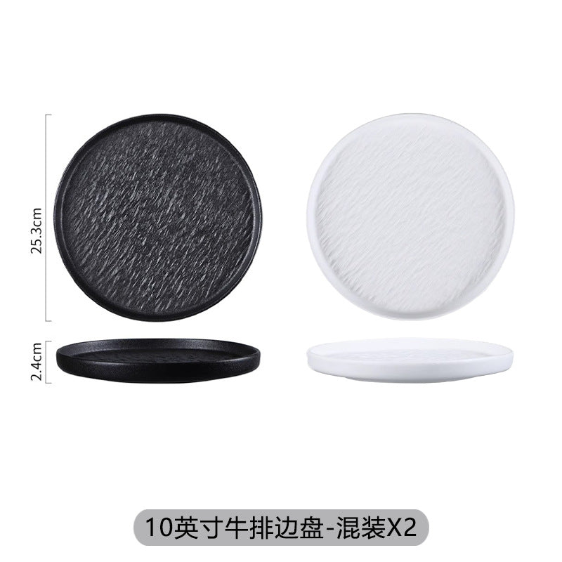 Japanese-style premium black and white ceramic dinnerware - high-end rock texture dinner plates for home use - round steak and chop dishes for restaurants