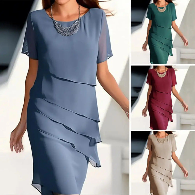 independent station new arrival summer silmdresspatchwork chiffon round neck short-sleeved dress for women