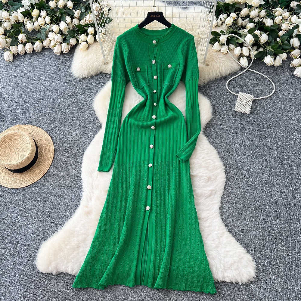 French chic metallic buckle waist dress - women's 2025 autumn slimming elegant hollow-out knit maxi dress