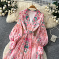 French riviera floral print flared sleeve dress - women's long sleeve tie-waist a-line maxi dress - elegant & chic