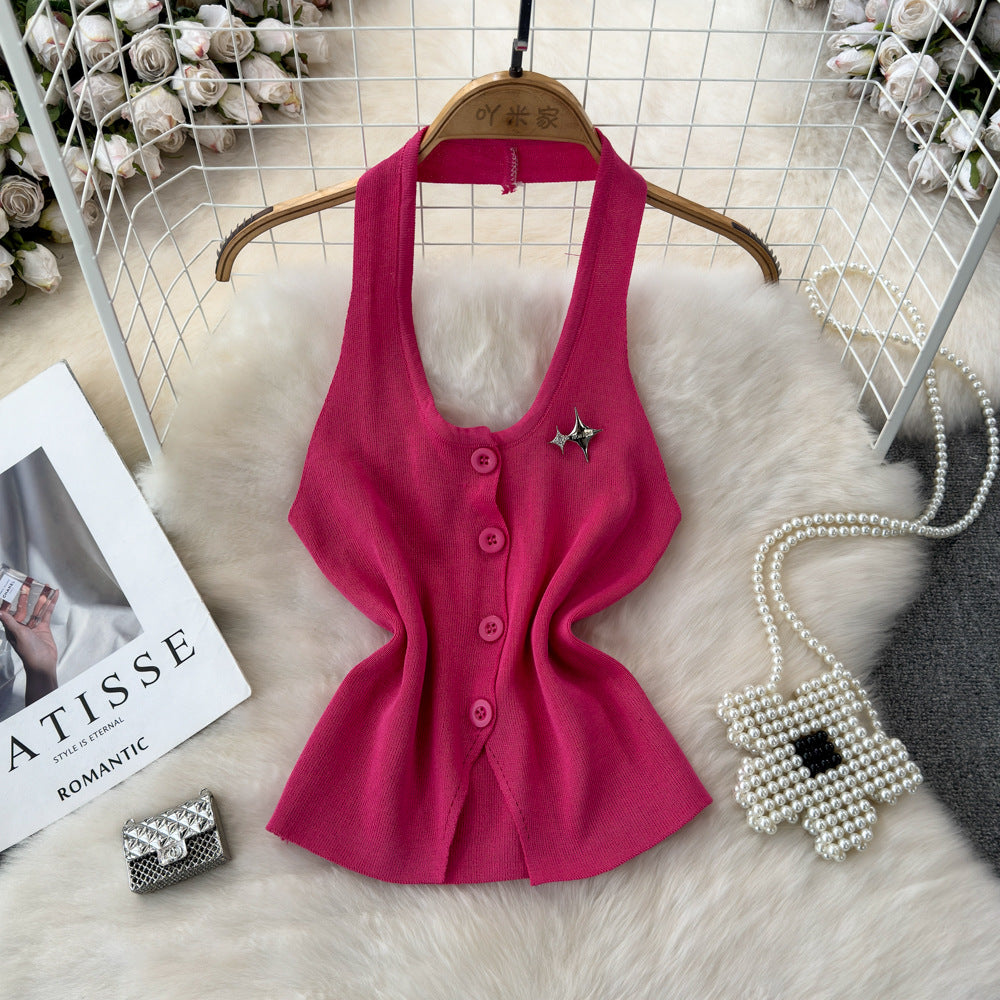 Fashionsense halterbackless single breasted silmslimming lookknitting vest women's outwear western style bottom shirt tops