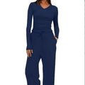 2025 cross-border fashion amazon new product pure color casuallong sleevesv necksuittopshigh waistloose pants shipping