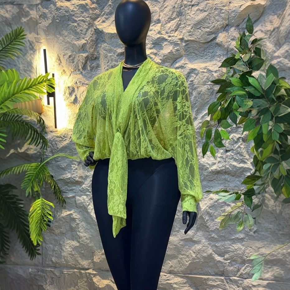 European and american cross-border women's fashion  summer new arrival: elegant v-neck sheer mesh lace loose long-sleeve shirt top