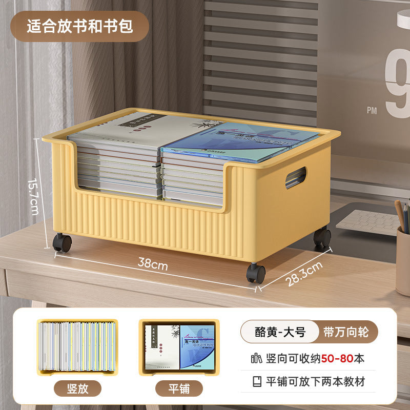 Under-desk book storage box with universal wheels - movable bookcase for students, classroom use, desktop book organizer, bookshelf