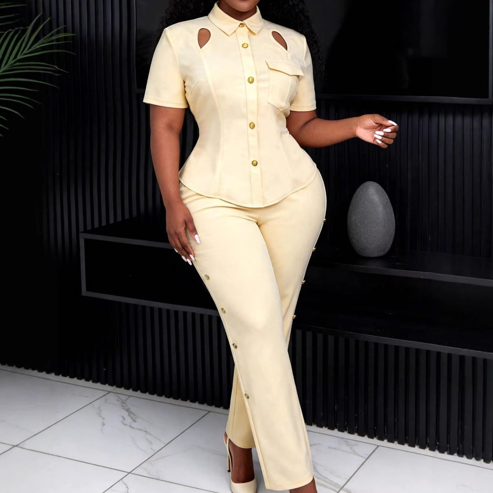 Collared, cutout button-down shirt with tie waist and versatile straight-leg pants set - two-piece set