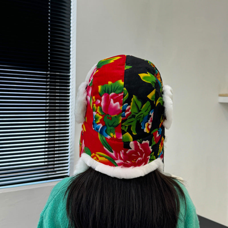 Cross-border imitation rabbit fur winter Lei Feng hat women's trend cotton hat warm ear protection fleece Northeast big old flower cloth youth hat