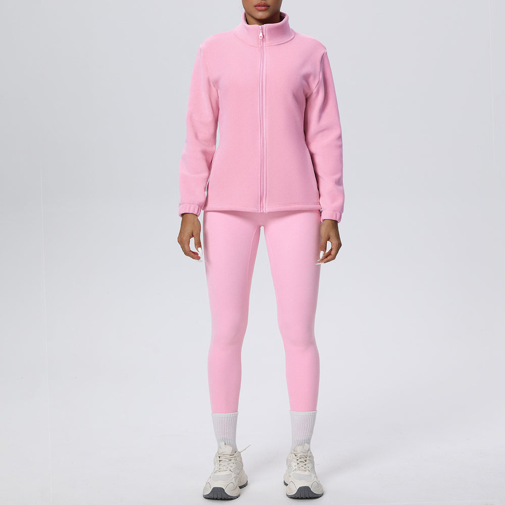 New arrival: solid color fleece-lined stand collar zip-up jacket and pants yoga set - two-piece activewear for running and fitness