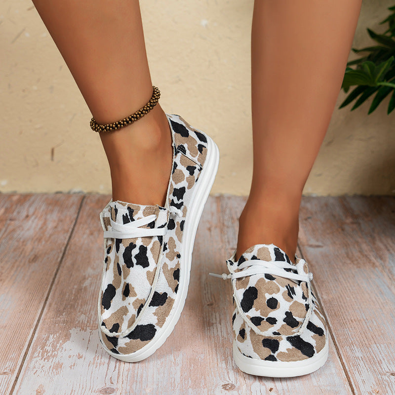 Plus size women's summer canvas casual shoes - round toe, leopard print, slip-on style - trending