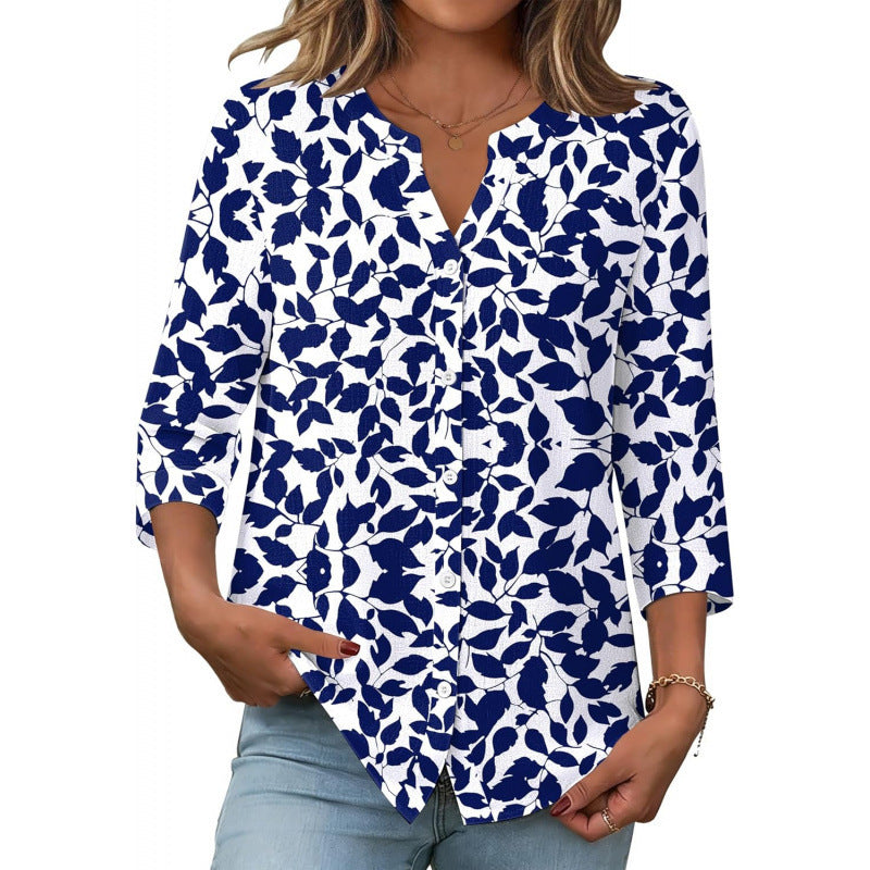 Amazon european goods  summer button-down shirt, three-quarter sleeve v-neck blouse, fashionable casual loose top