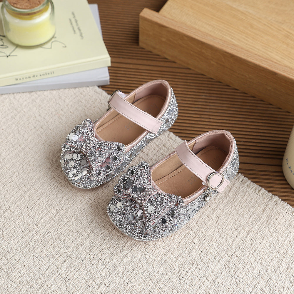Vancahao girls' rhinestone bow princess shoes,  spring/autumn new korean style children's fashion soft sole leather shoes