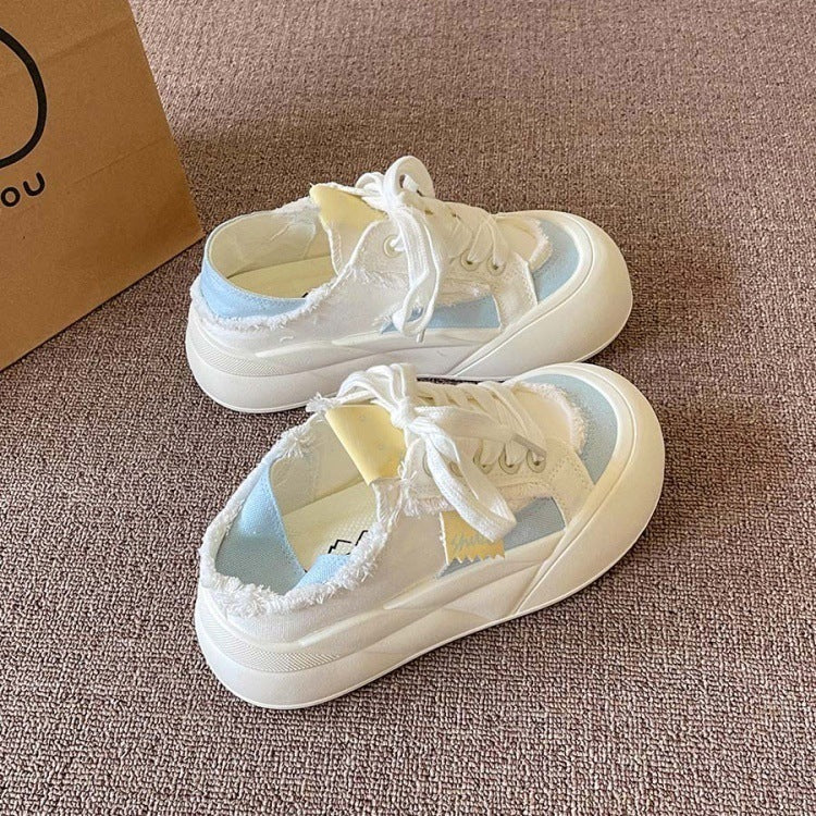 2026 new summer/autumn two-wear slip-on chunky sole canvas sneakers - women's student style, white shoes, versatile bread shoes