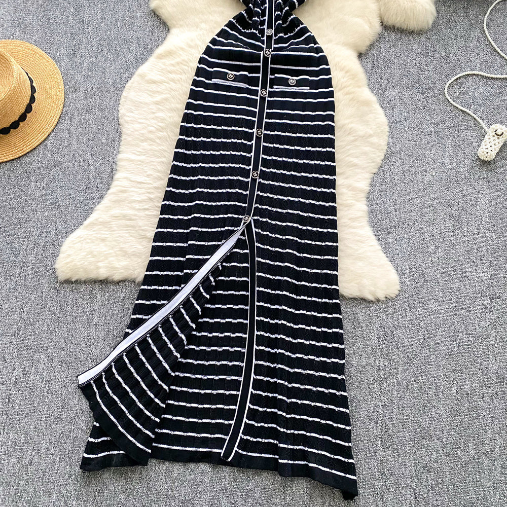 High-end color block striped knit dress - chic, slim-fit, sleeveless maxi dress with a flattering cinched waist