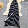 High-end color block striped knit dress - chic, slim-fit, sleeveless maxi dress with a flattering cinched waist