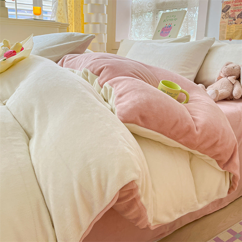Solid color milk fleece four-piece set, winter thickened coral fleece bed sheet quilt cover, Nantong flannel bed three-piece set