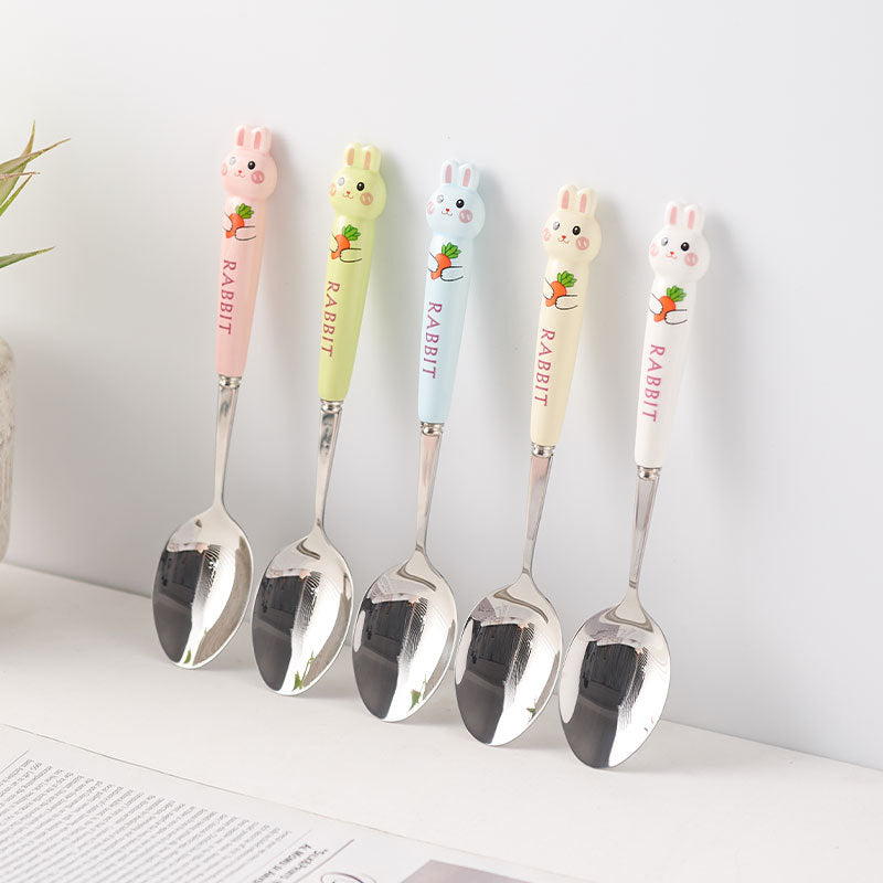 Cartoon rabbit portable cutlery set - 3-piece stainless steel spoon and chopsticks with ceramic handle