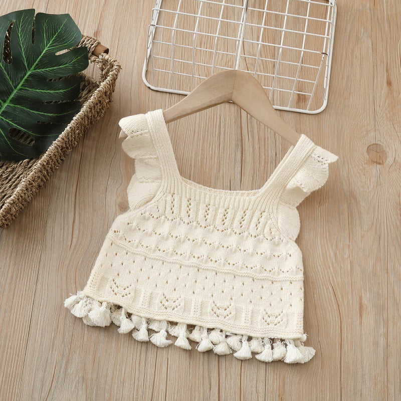 Girls' spring/autumn sweater set: sweet princess collar knit vest with ruffle trim and tassel detail (two-piece outfit)