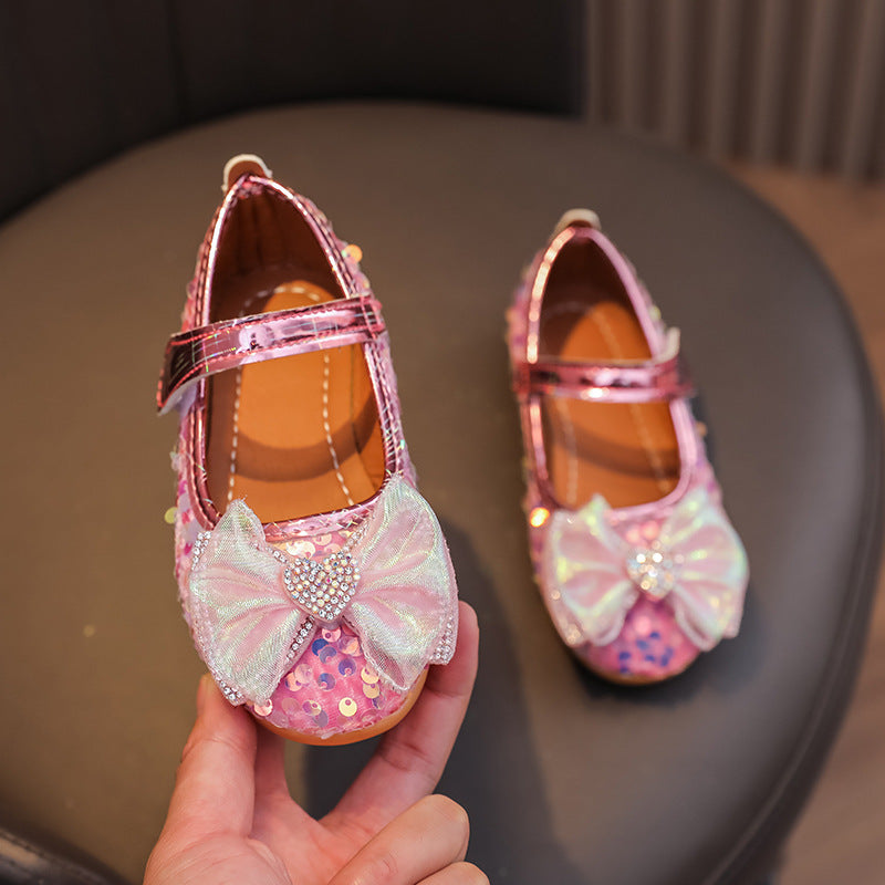 Girls'  spring new collection: sparkling soft-soled princess leather shoes for mid-to-large children - wholesale direct from the manufacturer, featuring hook-and-loop fasteners