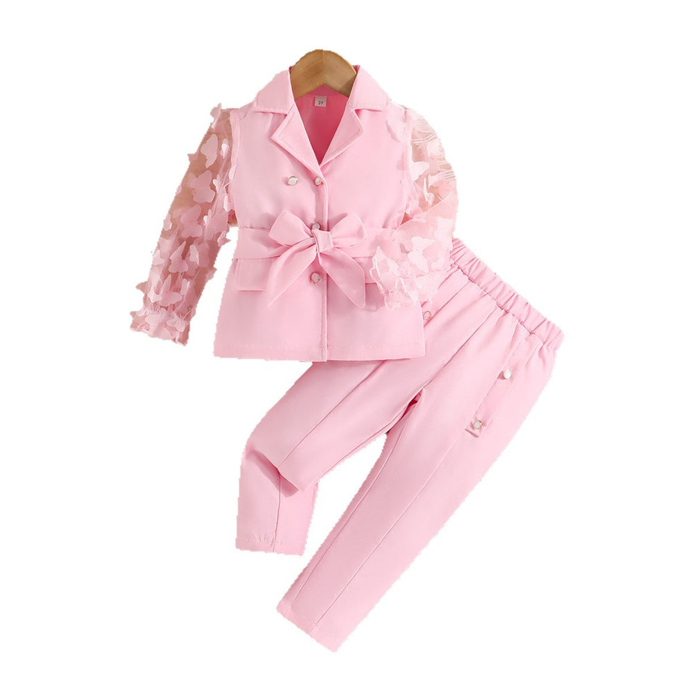 fall/winter new girls' long-sleeve bowknot mesh sleeve blazer and pants two-piece set (sizes for toddlers and young children)