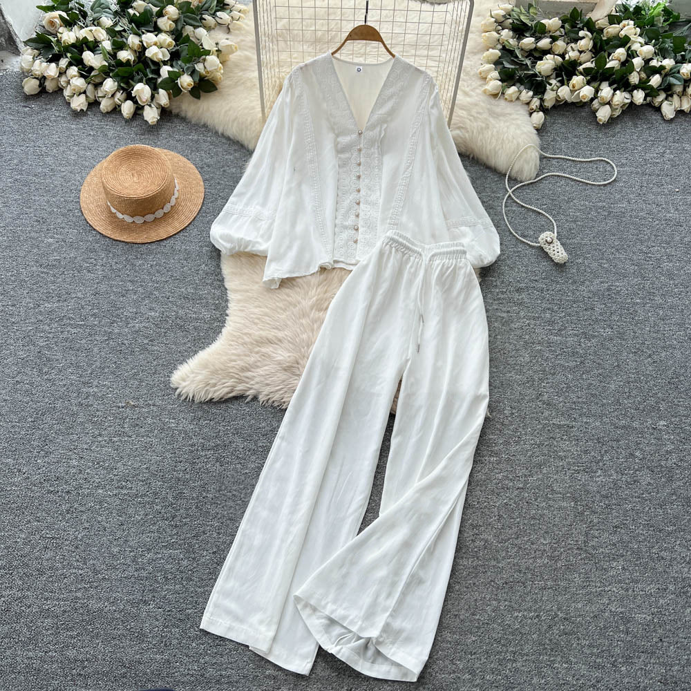 Classy sense of dressing for women autumloosecasuallacepatchwork lantern sleeve v neck shirt high waist wide leg straight-leg pants