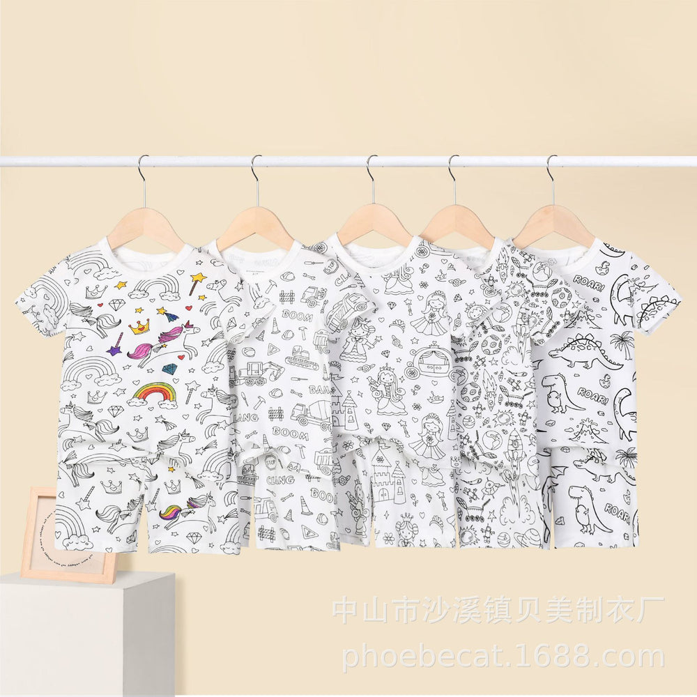 Cartoon european and american cross-border exclusive children's home clothes pajamas suit sketch comfortable breathable diy hand-painted graffiti