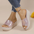 Thick sole high heel slippers for women  summer new arrivalfashion style one-shaped women's pure colorplus size wedge heel slippers