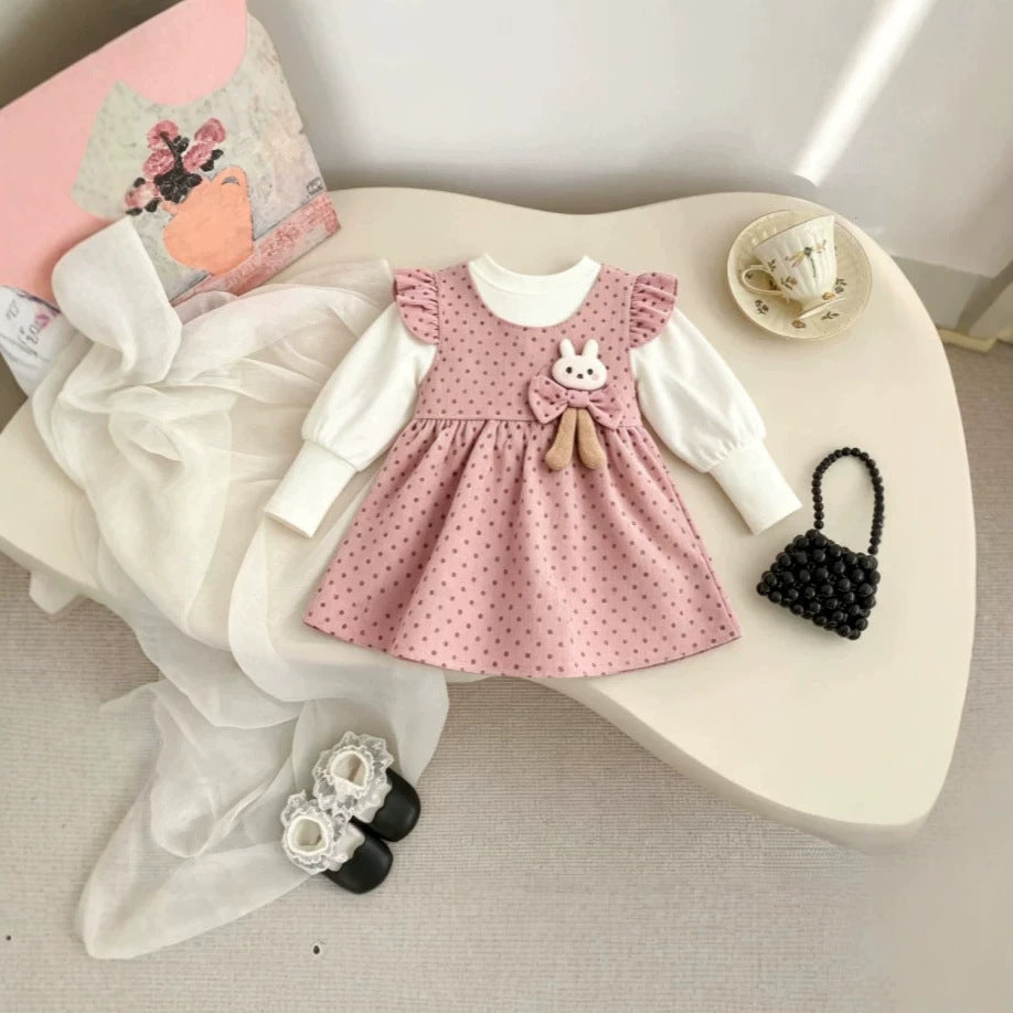 Girls' dress - spring/autumn  new collection - korean style polka dot princess dress with bunny long sleeves