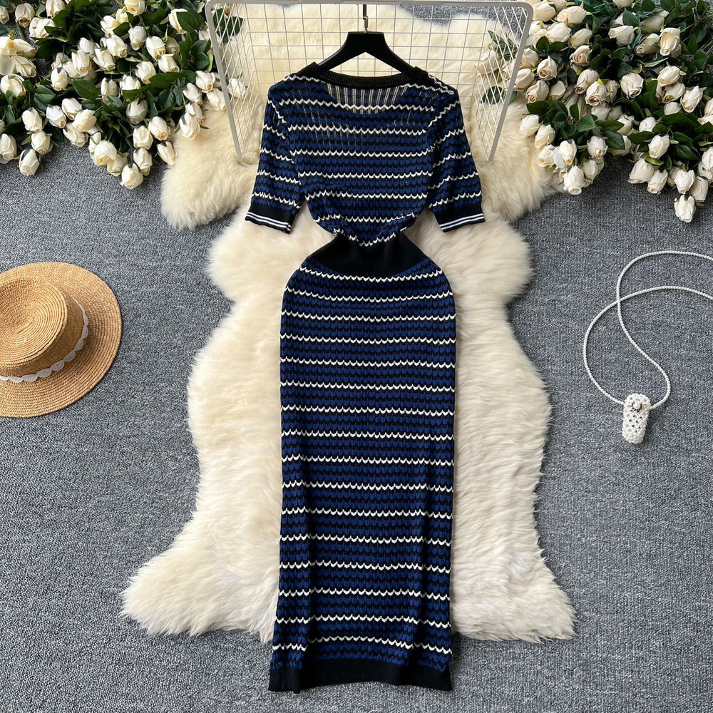 Summernew arrivalniche styleretrocontrast colorstripesknittingdressfemale socialite silmslimming lookround neck short-sleeved long skirt