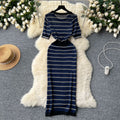 Summernew arrivalniche styleretrocontrast colorstripesknittingdressfemale socialite silmslimming lookround neck short-sleeved long skirt