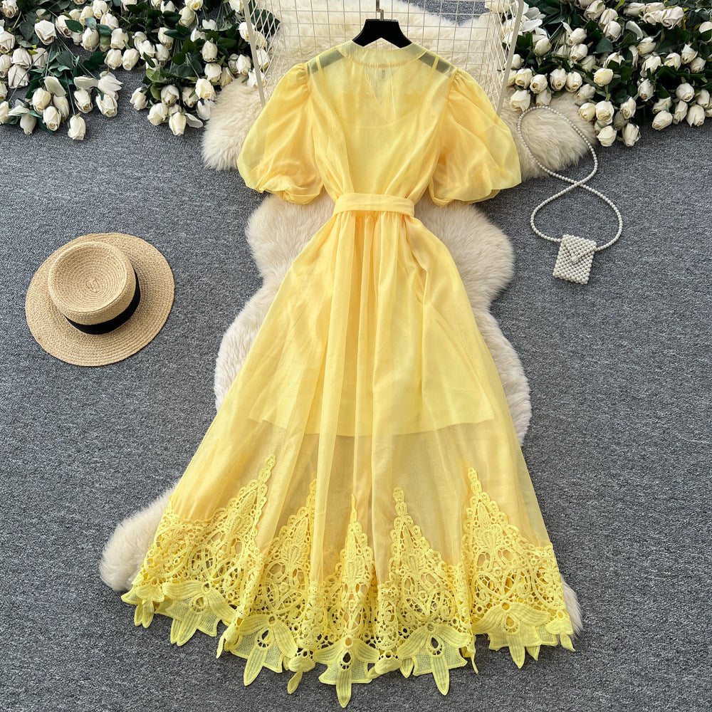 French romantic puff sleeve lace dress - women's summer tie-waist, breathable, figure-flattering a-line maxi dress - elegant style