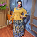 African women's plus size printed color block dress  chic commute two-piece set skirt pleated skirt set